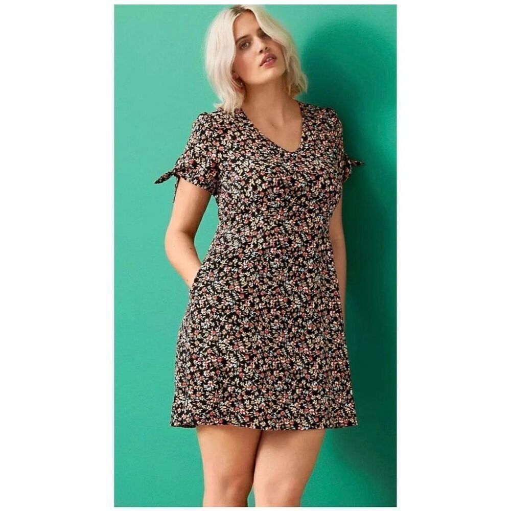 Loft Women’s Plus Size 24 Floral Tie Sleeve Pocket Flare Mini Dress Black Multi